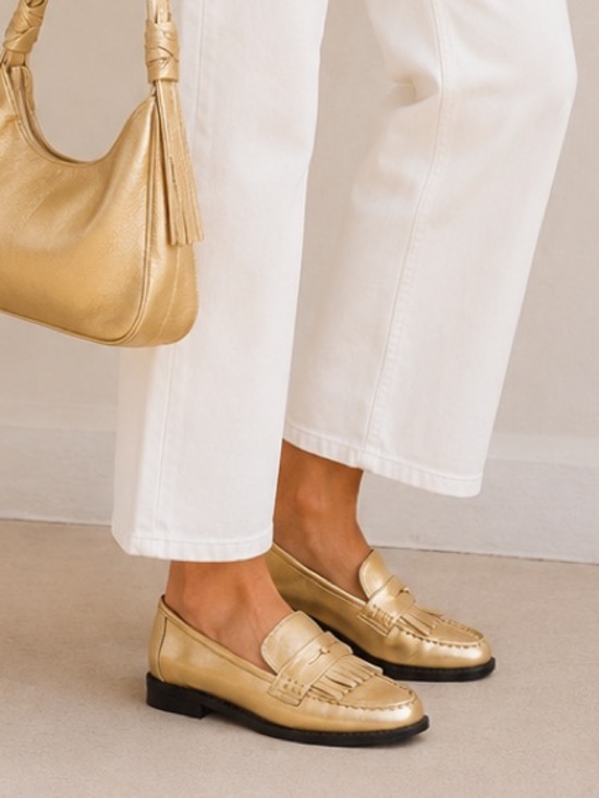 Ann Taylor Shoes - Ann Taylor Gold Metallic Leather Fringe Preppy Classic Penny Loafers